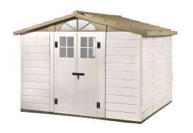 abri de jardin en PVC beige et marron avec une double porte