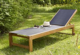 Bain de soleil en bois d'acacia avec textilène noir