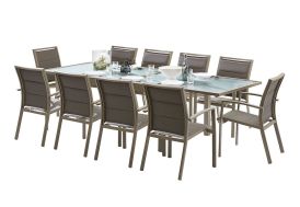 Salon de jardin en aluminium et verre avec fauteuils en textilène